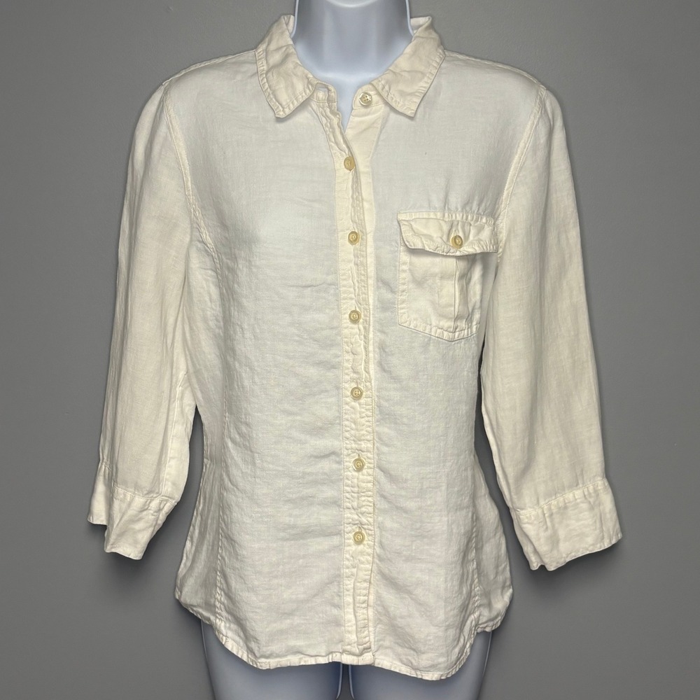 Talbots 100% Irish Linen White 3/4 Sleeve Button Up Career Shirt Womens Sz M